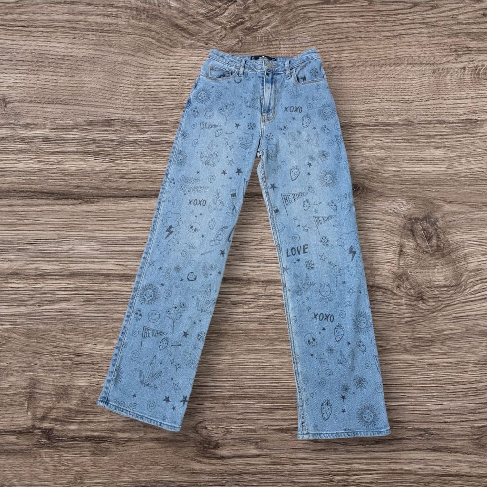 Hollister Blue Graffiti Straight Leg Hi Rise Jeans NWT